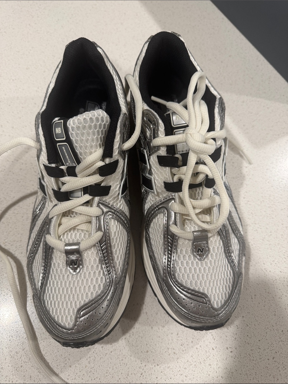 New Balance White & Silver Mesh Athletic Sneakers